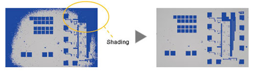 Semiconductor wafer (Binarized image): Shading correction produces even illumination across the field of view.