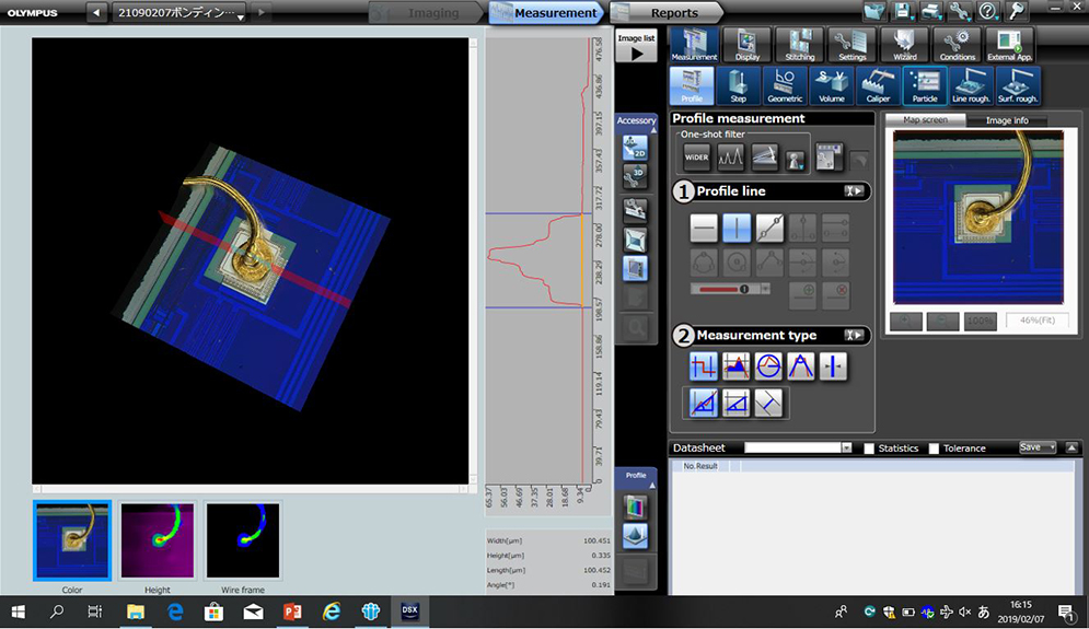 Perfil de una posición arbitraria, mostrada en una imagen 3D, para efectuar una medición 3D.