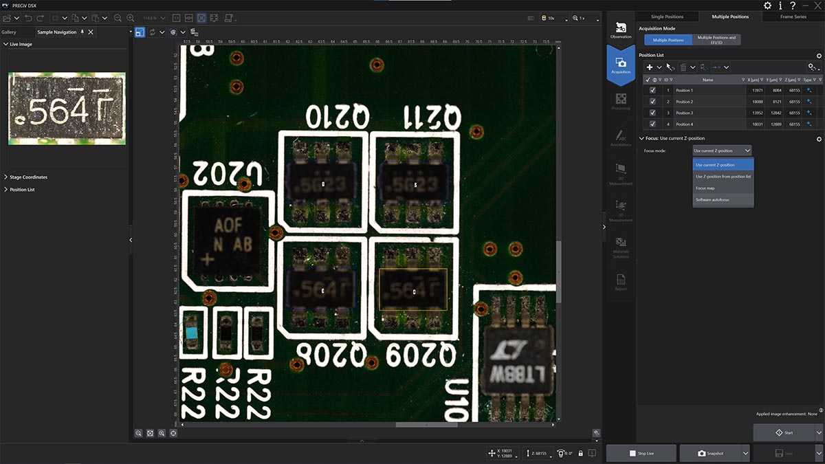Image of a circuit board, showing an example of multiple position acquisition in PRECiV™ software for the DSX1000 digital microscope.