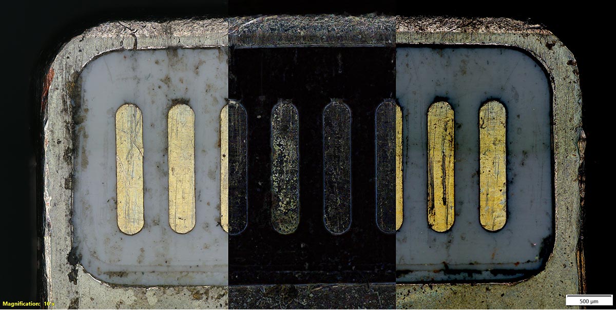 Imagen de la punta de un cargador de iPhone procesada usando diferentes filtros del microscopio digital DSX1000.