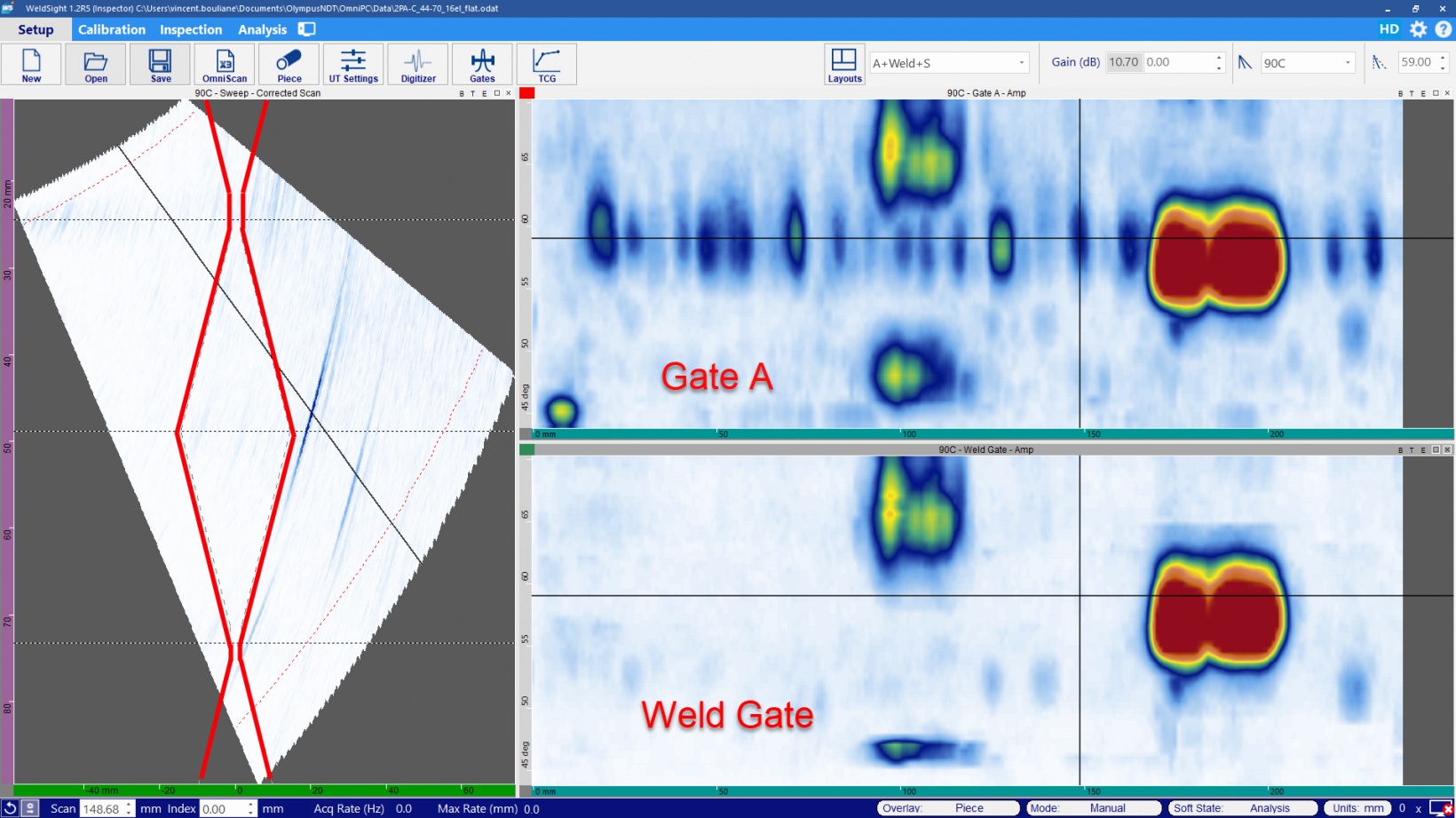 Weld gate of WeldSight software, which generates a C-scan using only data from inside the weld and heat affected zone.
