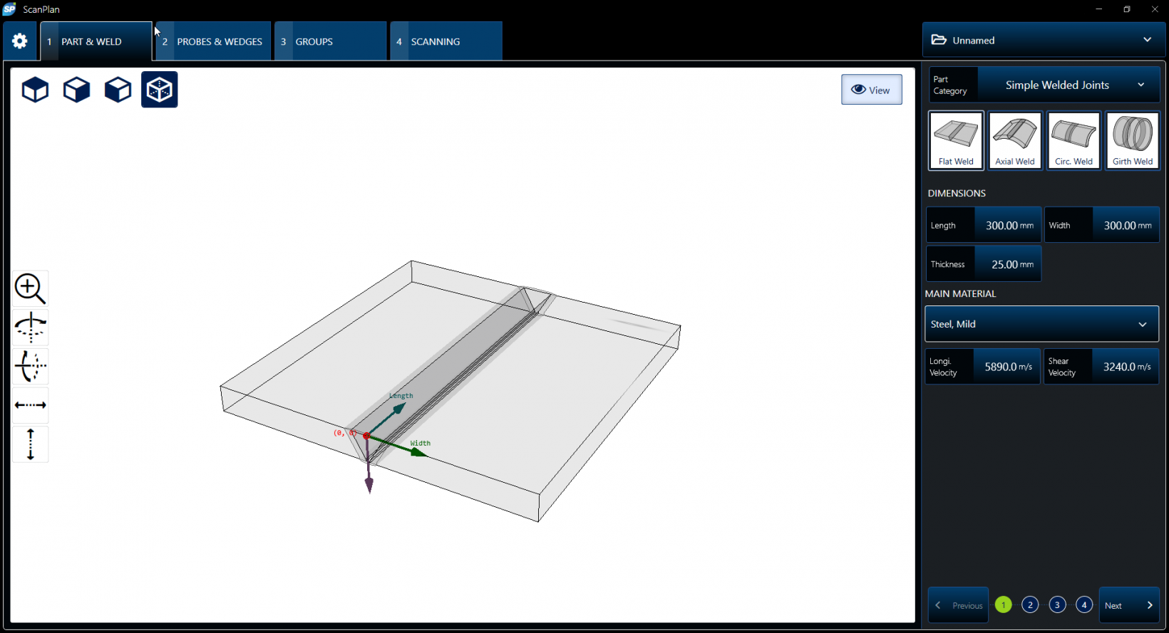 3D 모델링을 사용하는 ScanPlan 소프트웨어의 부품(Part) 및 용접(Weld) 탭