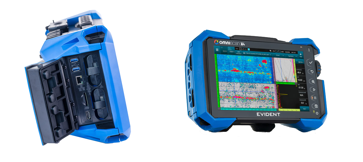 Image de gauche – Vue latérale de l’OmniScan X4 montrant le port USB. Image de droite – Vue de face de l’OmniScan X4 montrant la méthode de focalisation en tout point et l’imagerie par cohérence de phase sur l’écran.